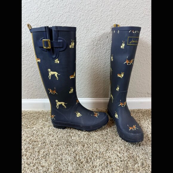 Joules Tall Navy Blue Rainboots Dogs Waterproof 2016 Heel British Gardening 39 8 - Picture 3 of 8